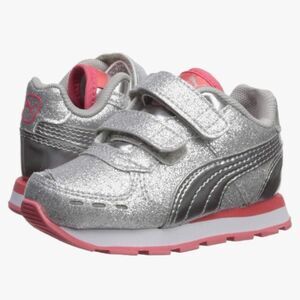 PUMA Girls' Vista Glitz Hook and Loop Sneaker, Silver-Calypso Coral White